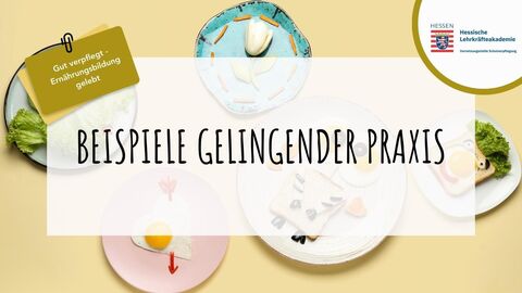 Beispiele gelingender Praxis Im Vordergrund ein weißer Balken mit "Beispiele gelingender Praxis" drauf. Im gelben Hintergrund Teller mit Lebensmitteln, die zu Gesichtern und Figuren angeordnet sind
