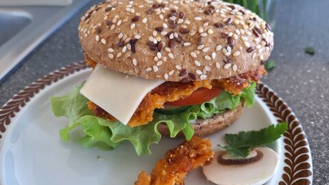 Bild Hummus Burger  Zu sehen ist der Hummus-Burger auf einem weißen Teller