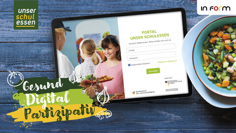 Tablet mit Essen und Logo Key-Visual für das QM-Tool