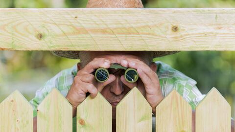 Barrieren melden Ein Gärtner schaut mit einem Fernglas durch einen Zaun