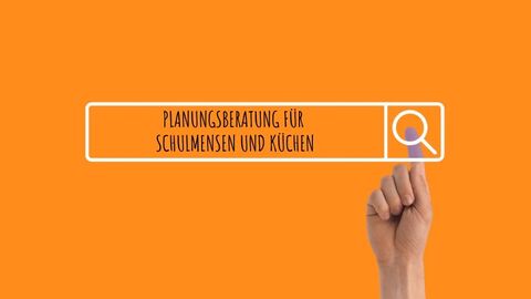 Bild zum Titel Auf oranger Fläche ist ein Eingabefeld mit einer Lupe dargestellt. Im Eingabefeld seht "Planungsberatung für Schulmensen und Küchen".