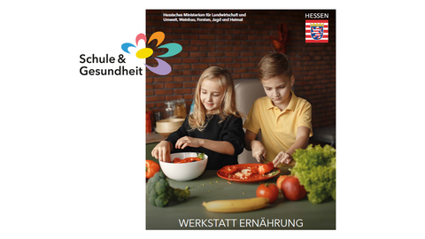 Zwei kochende Kinder und der Schriftzug "Schule & Gesundheit" Keyvisual der Werkstatt Ernährung