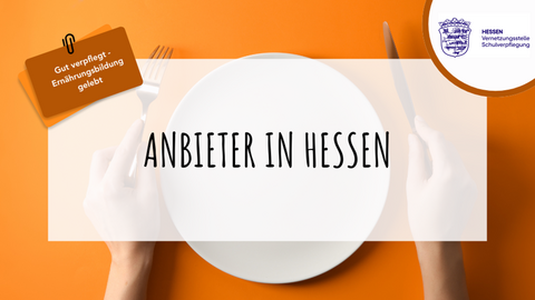 Ein Teller mit Besteck und der Schriftzug "Anbieter in Hessen"