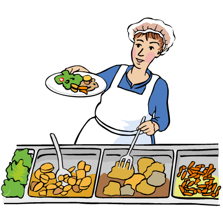 eine Frau arbeitet  an der Essensausgabe